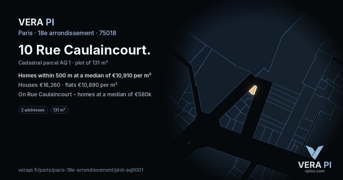 10 Rue Caulaincourt, 18e arrondissement at night – the plot lit, the parcels around coloured by the prices near them