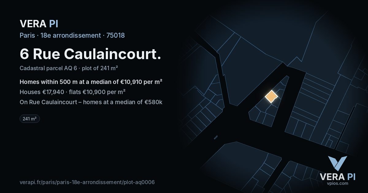 6 Rue Caulaincourt, 18e arrondissement at night – the plot lit, the parcels around coloured by the prices near them