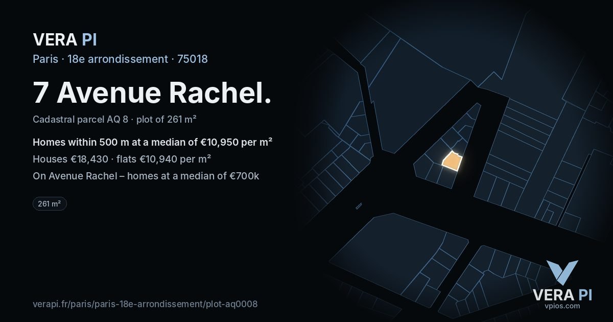 7 Avenue Rachel, 18e arrondissement at night – the plot lit, the parcels around coloured by the prices near them