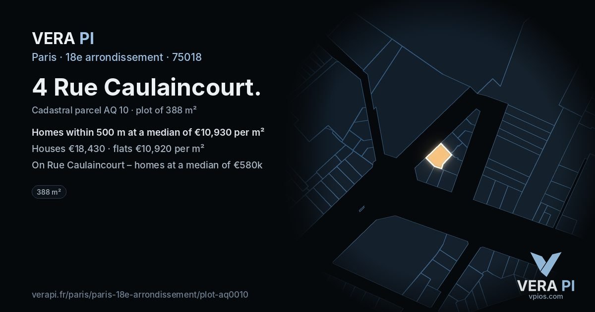 4 Rue Caulaincourt, 18e arrondissement at night – the plot lit, the parcels around coloured by the prices near them