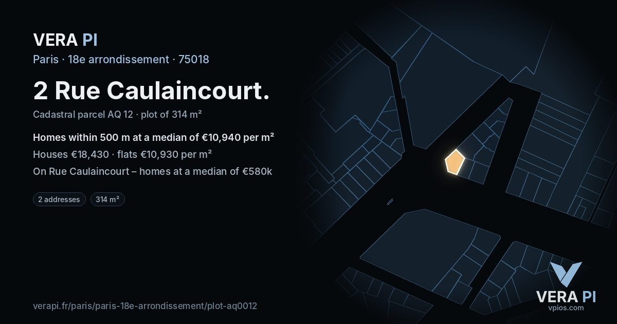 2 Rue Caulaincourt, 18e arrondissement at night – the plot lit, the parcels around coloured by the prices near them