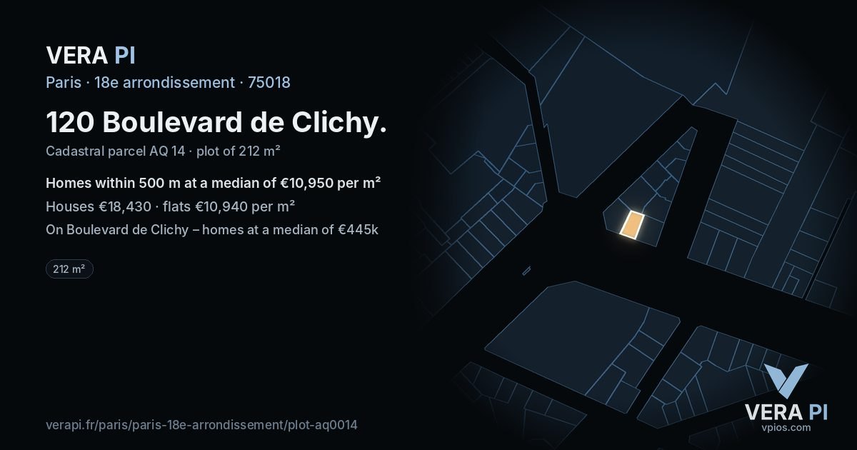 120 Boulevard de Clichy, 18e arrondissement at night – the plot lit, the parcels around coloured by the prices near them