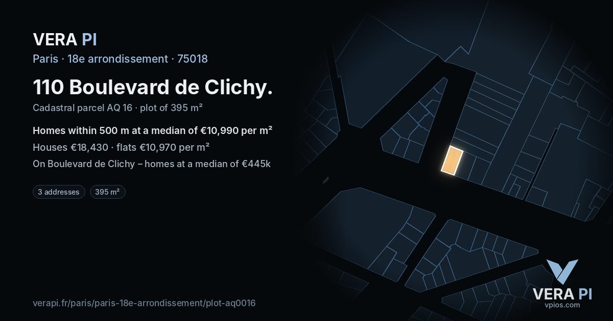 110 Boulevard de Clichy, 18e arrondissement at night – the plot lit, the parcels around coloured by the prices near them