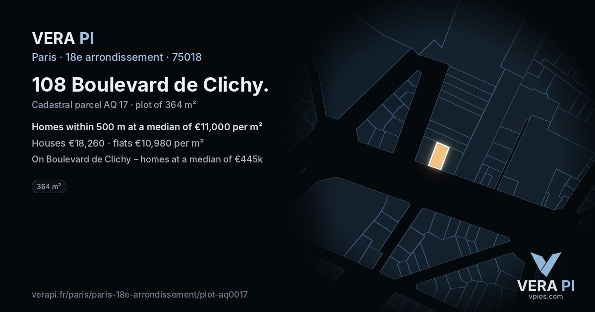 108 Boulevard de Clichy, 18e arrondissement at night – the plot lit, the parcels around coloured by the prices near them