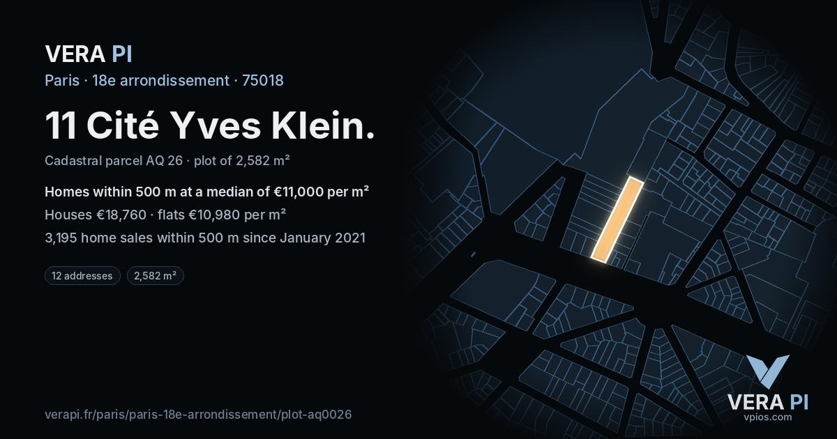 11 Cité Yves Klein, 18e arrondissement at night – the plot lit, the parcels around coloured by the prices near them