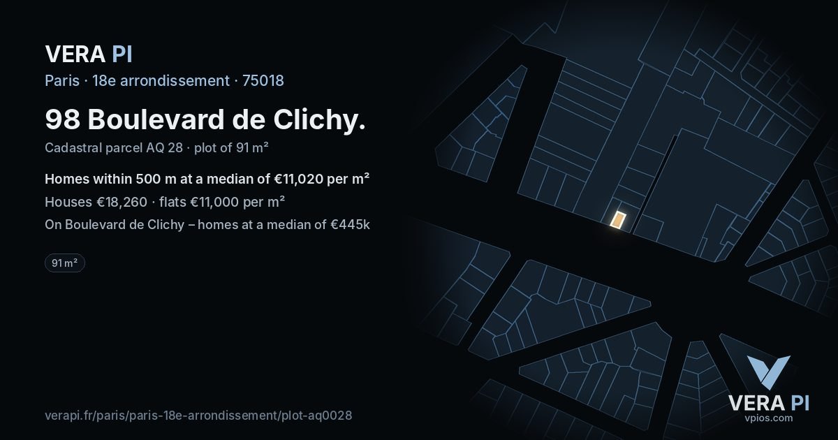 98 Boulevard de Clichy, 18e arrondissement at night – the plot lit, the parcels around coloured by the prices near them