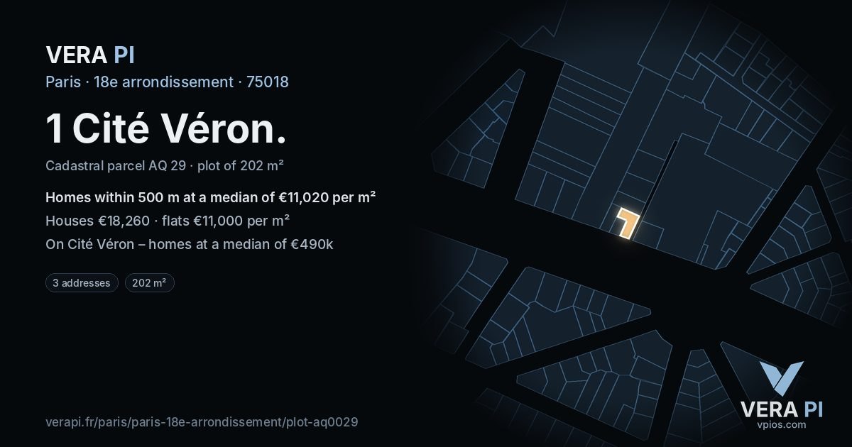 1 Cité Véron, 18e arrondissement at night – the plot lit, the parcels around coloured by the prices near them