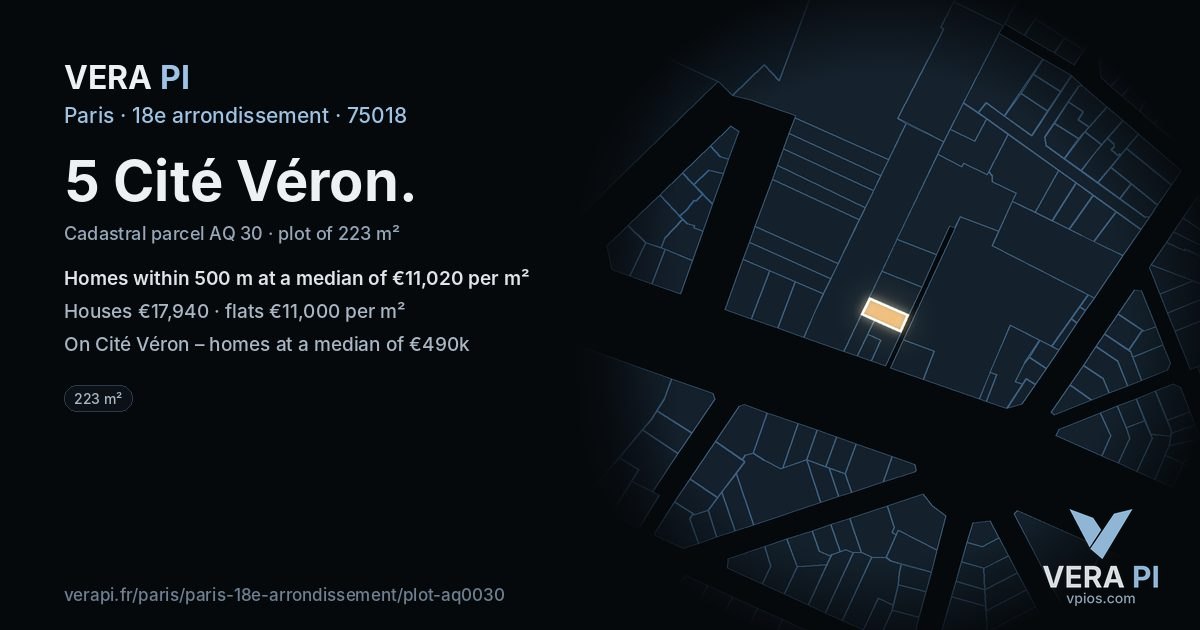 5 Cité Véron, 18e arrondissement at night – the plot lit, the parcels around coloured by the prices near them