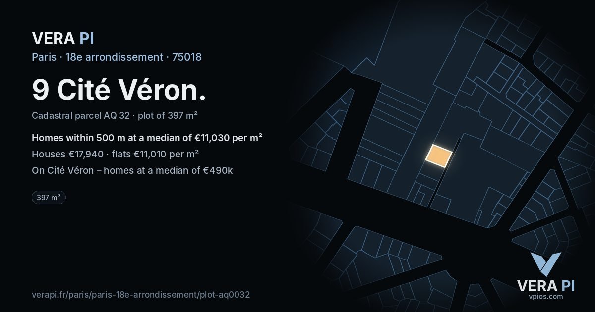9 Cité Véron, 18e arrondissement at night – the plot lit, the parcels around coloured by the prices near them