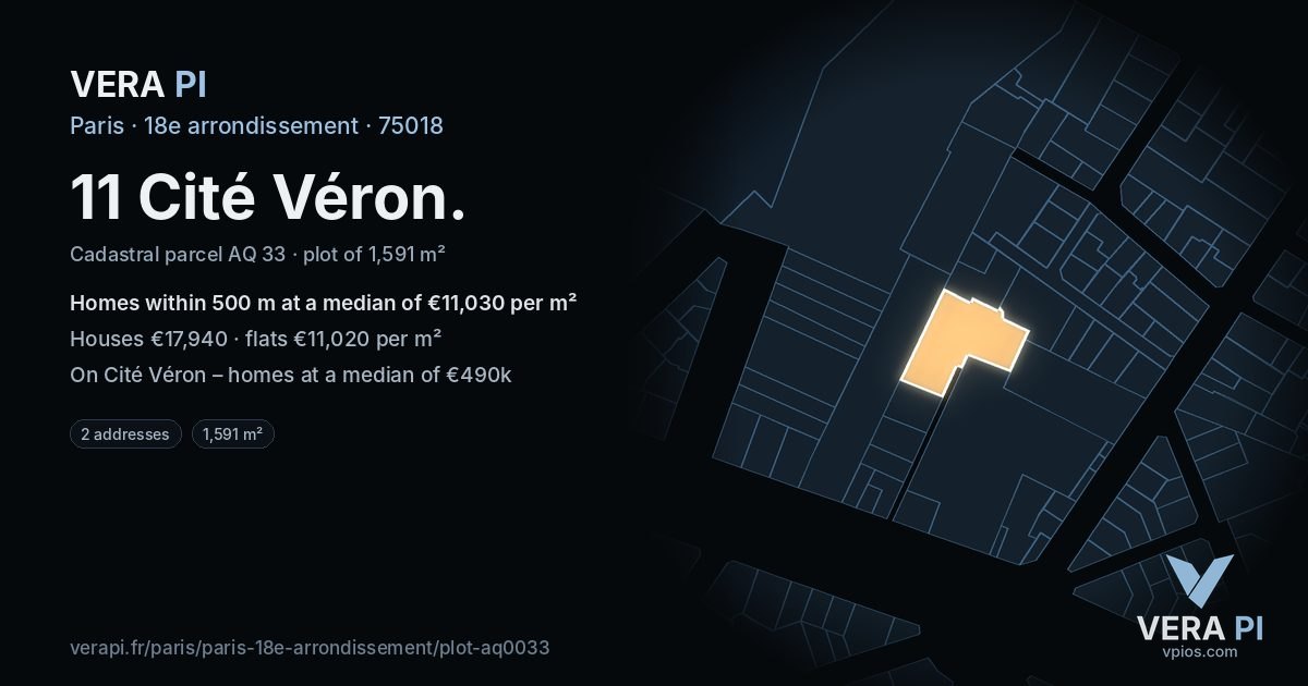 11 Cité Véron, 18e arrondissement at night – the plot lit, the parcels around coloured by the prices near them