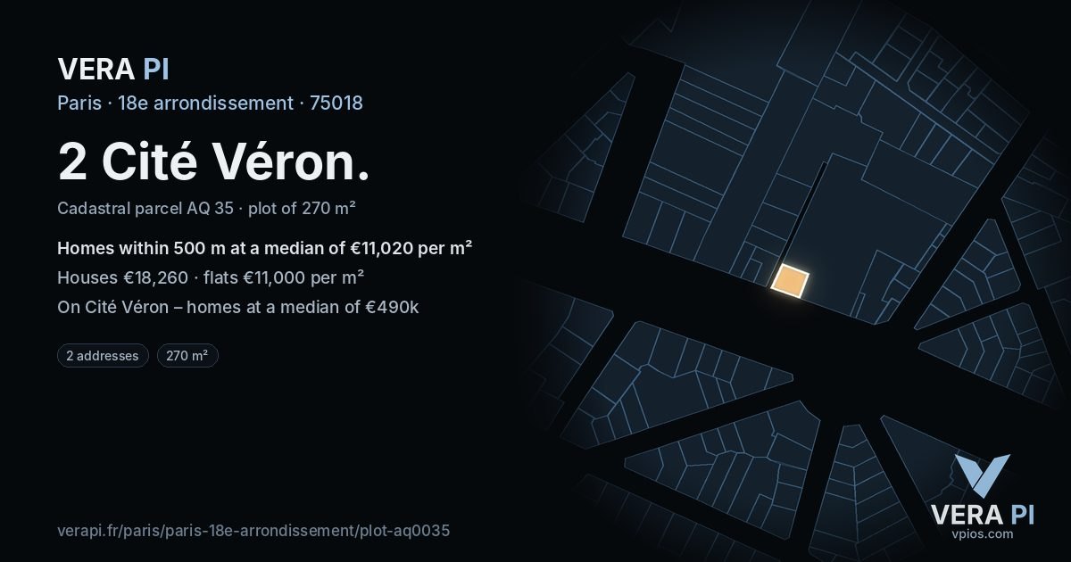 2 Cité Véron, 18e arrondissement at night – the plot lit, the parcels around coloured by the prices near them