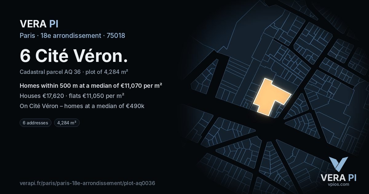 6 Cité Véron, 18e arrondissement at night – the plot lit, the parcels around coloured by the prices near them