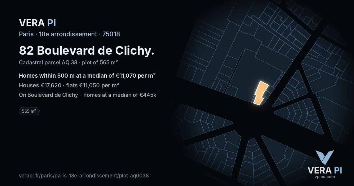 82 Boulevard de Clichy, 18e arrondissement at night – the plot lit, the parcels around coloured by the prices near them