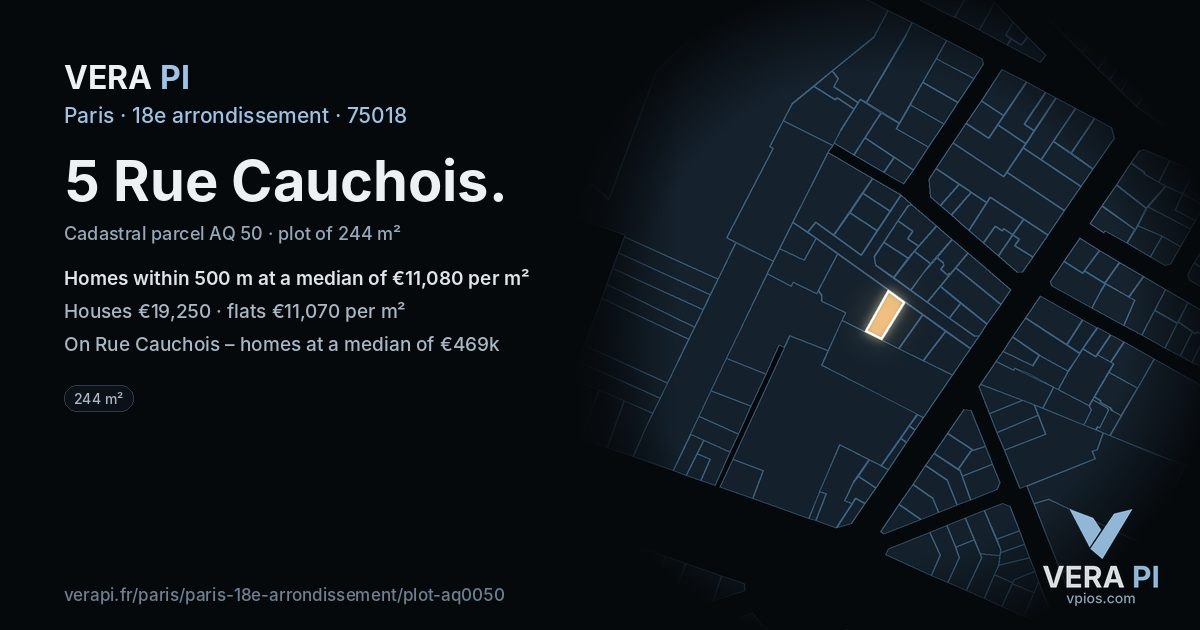 5 Rue Cauchois, 18e arrondissement at night – the plot lit, the parcels around coloured by the prices near them