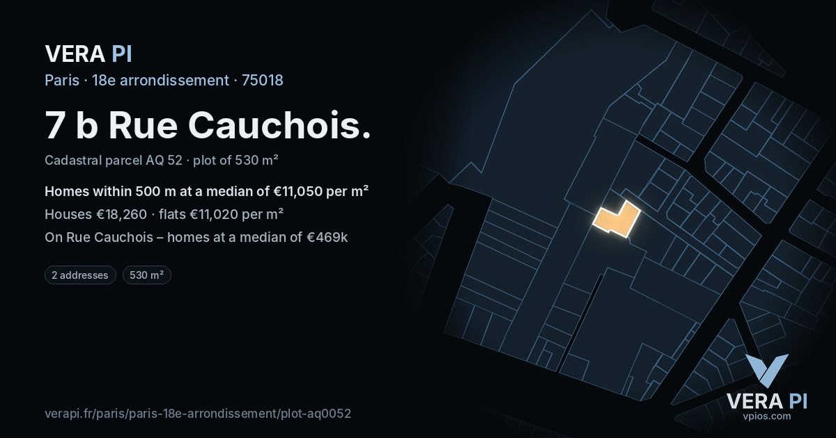 7 b Rue Cauchois, 18e arrondissement at night – the plot lit, the parcels around coloured by the prices near them