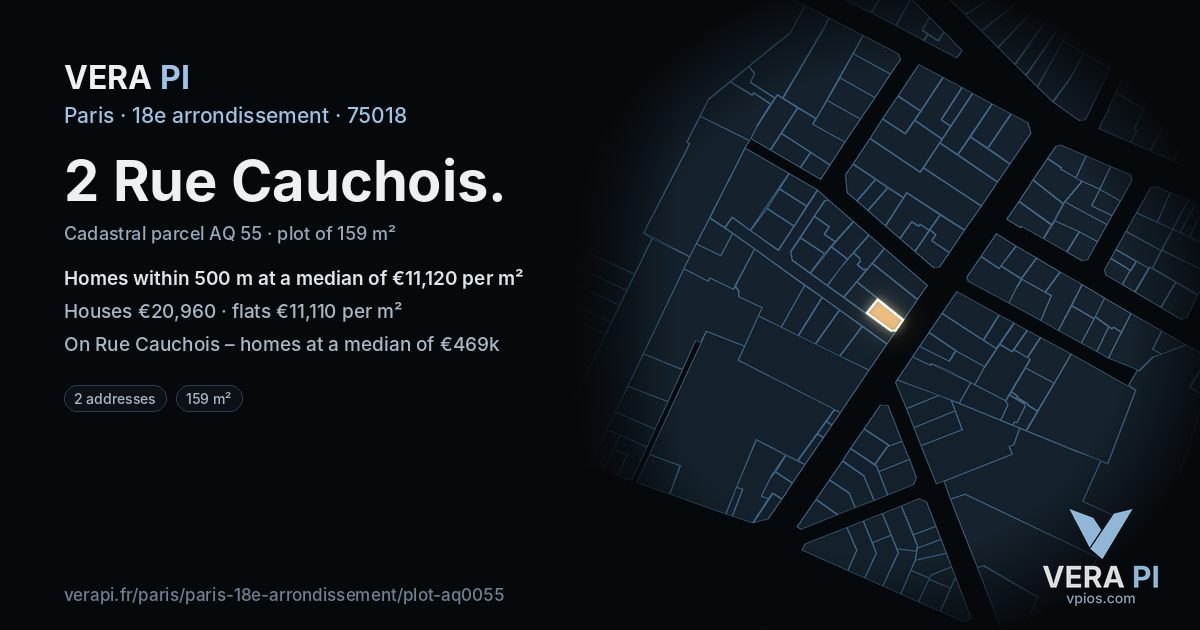 2 Rue Cauchois, 18e arrondissement at night – the plot lit, the parcels around coloured by the prices near them