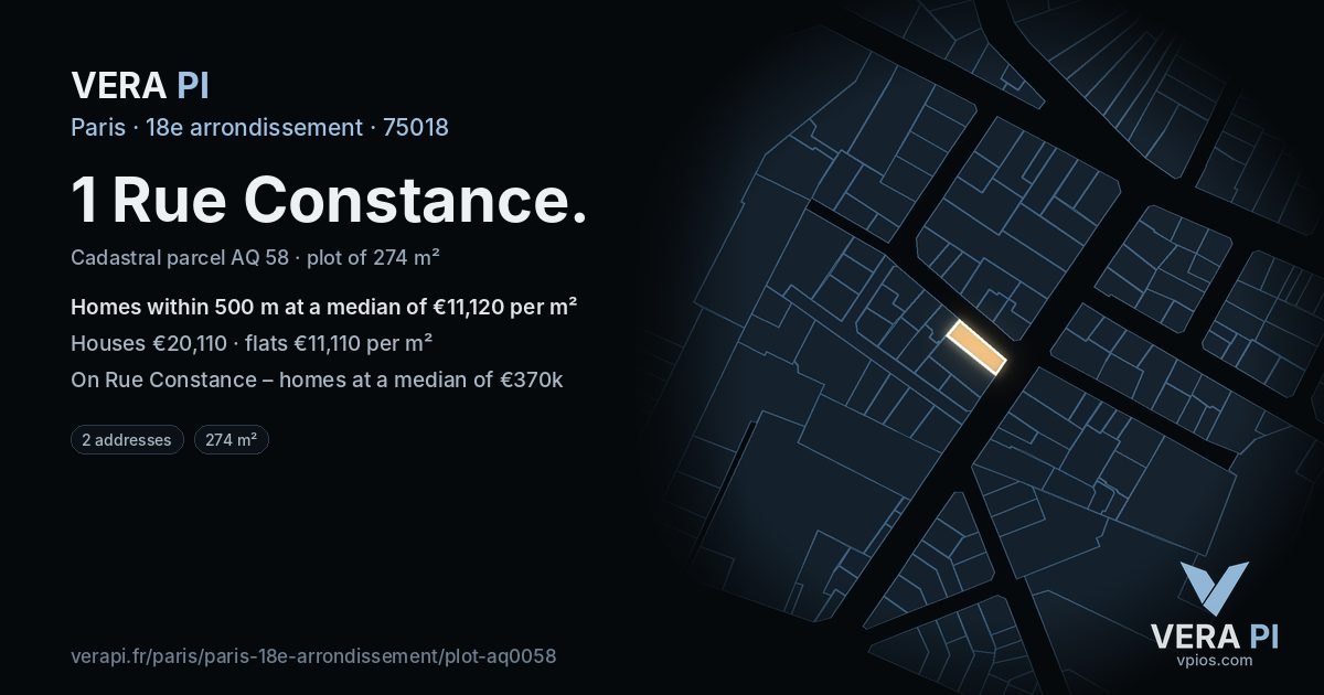 1 Rue Constance, 18e arrondissement at night – the plot lit, the parcels around coloured by the prices near them