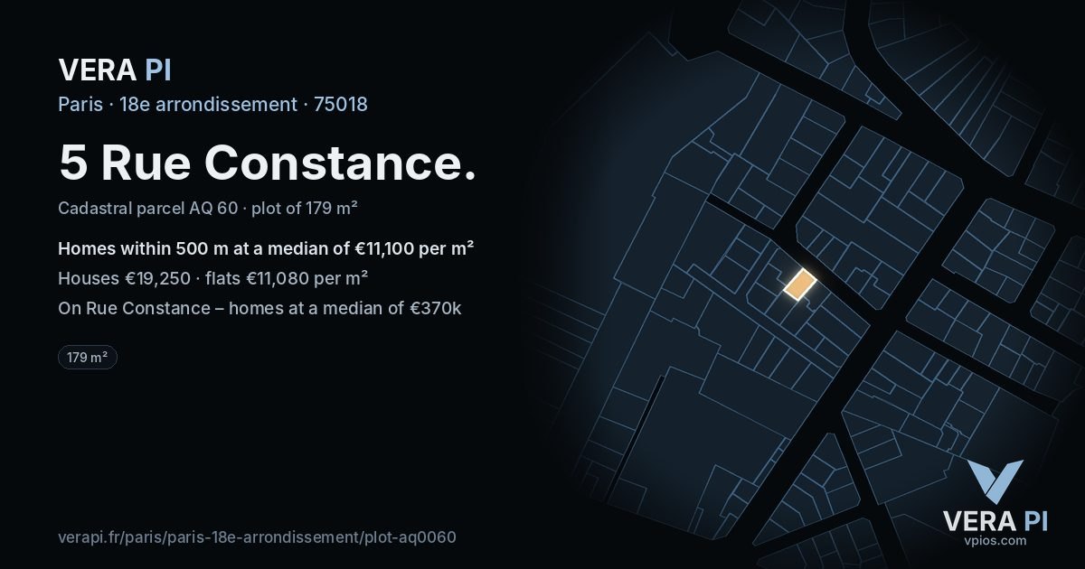 5 Rue Constance, 18e arrondissement at night – the plot lit, the parcels around coloured by the prices near them