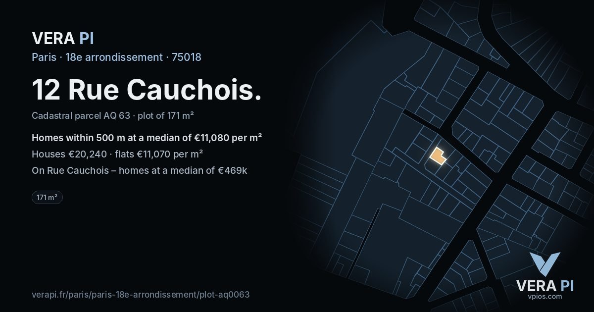 12 Rue Cauchois, 18e arrondissement at night – the plot lit, the parcels around coloured by the prices near them