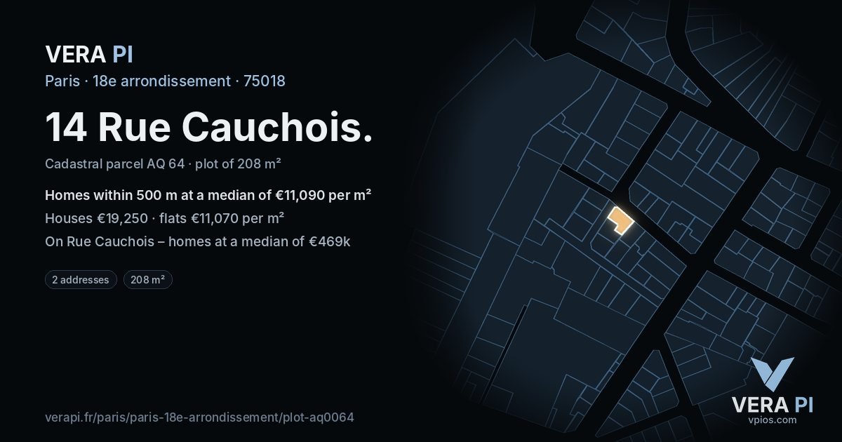14 Rue Cauchois, 18e arrondissement at night – the plot lit, the parcels around coloured by the prices near them