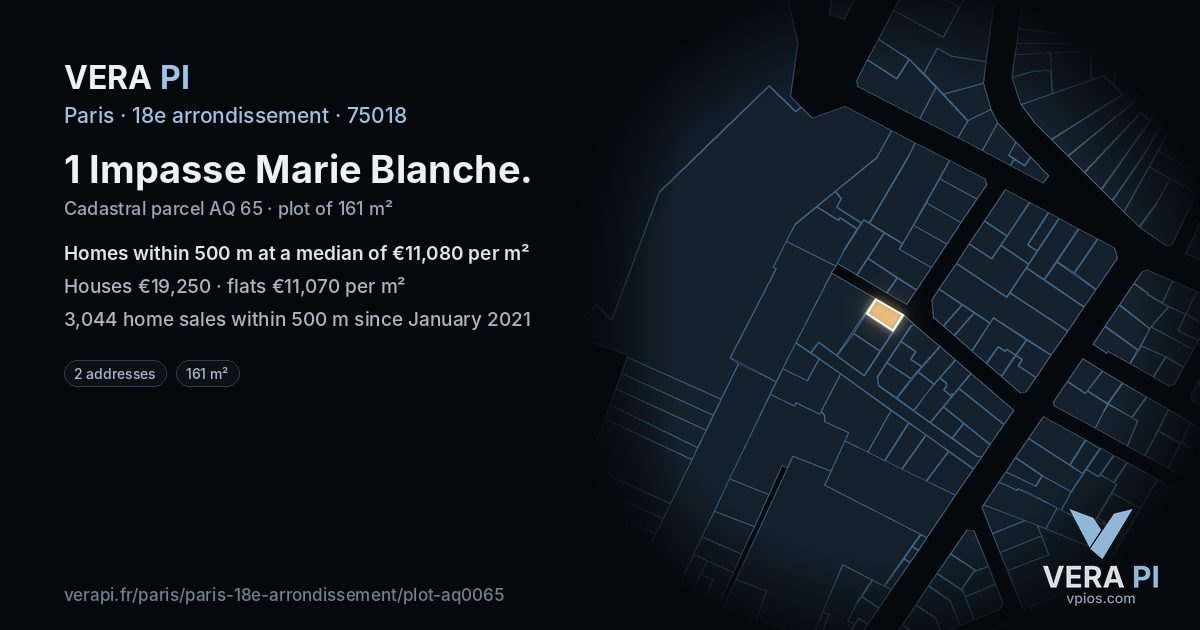 1 Impasse Marie Blanche, 18e arrondissement at night – the plot lit, the parcels around coloured by the prices near them