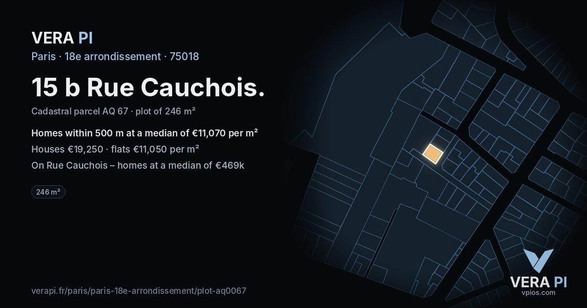 15 b Rue Cauchois, 18e arrondissement at night – the plot lit, the parcels around coloured by the prices near them