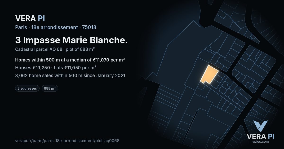 3 Impasse Marie Blanche, 18e arrondissement at night – the plot lit, the parcels around coloured by the prices near them