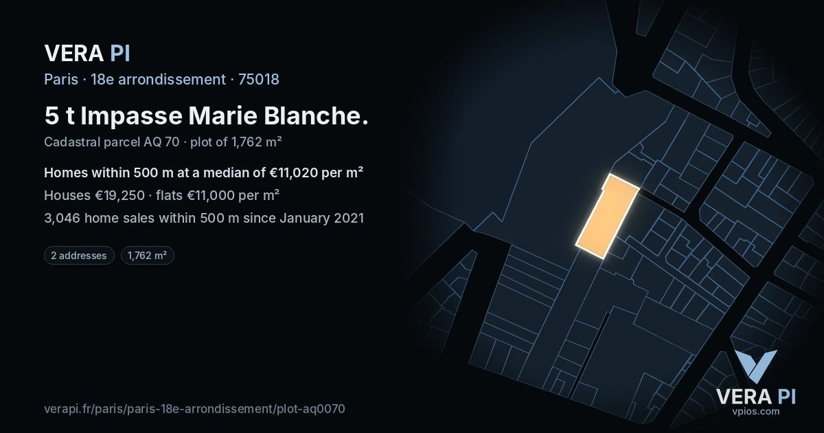 5 t Impasse Marie Blanche, 18e arrondissement at night – the plot lit, the parcels around coloured by the prices near them