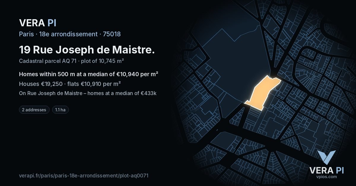 19 Rue Joseph de Maistre, 18e arrondissement at night – the plot lit, the parcels around coloured by the prices near them