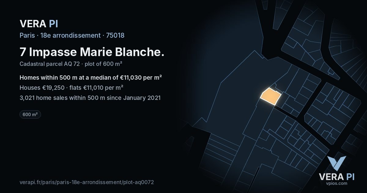 7 Impasse Marie Blanche, 18e arrondissement at night – the plot lit, the parcels around coloured by the prices near them