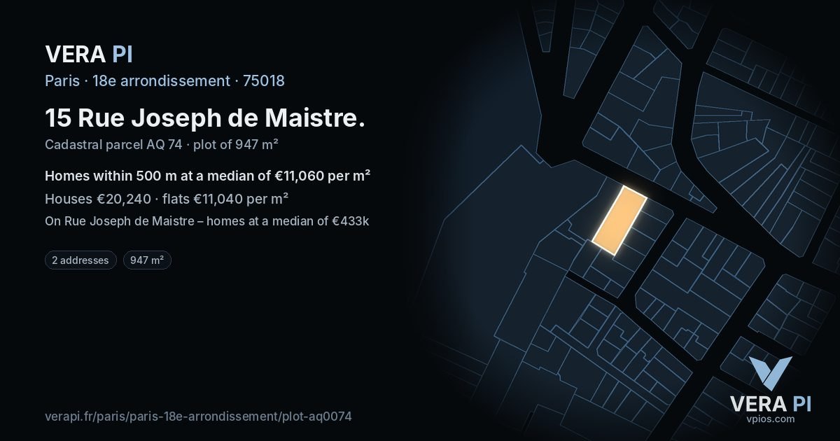 15 Rue Joseph de Maistre, 18e arrondissement at night – the plot lit, the parcels around coloured by the prices near them