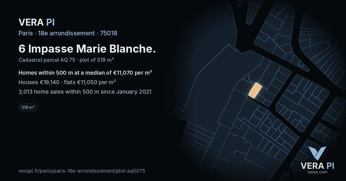 6 Impasse Marie Blanche, 18e arrondissement at night – the plot lit, the parcels around coloured by the prices near them