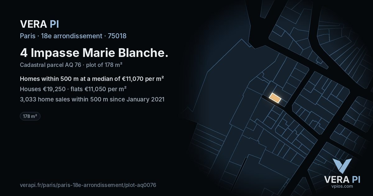 4 Impasse Marie Blanche, 18e arrondissement at night – the plot lit, the parcels around coloured by the prices near them