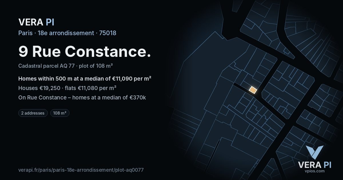 9 Rue Constance, 18e arrondissement at night – the plot lit, the parcels around coloured by the prices near them