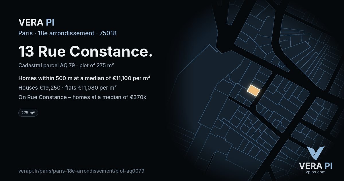 13 Rue Constance, 18e arrondissement at night – the plot lit, the parcels around coloured by the prices near them