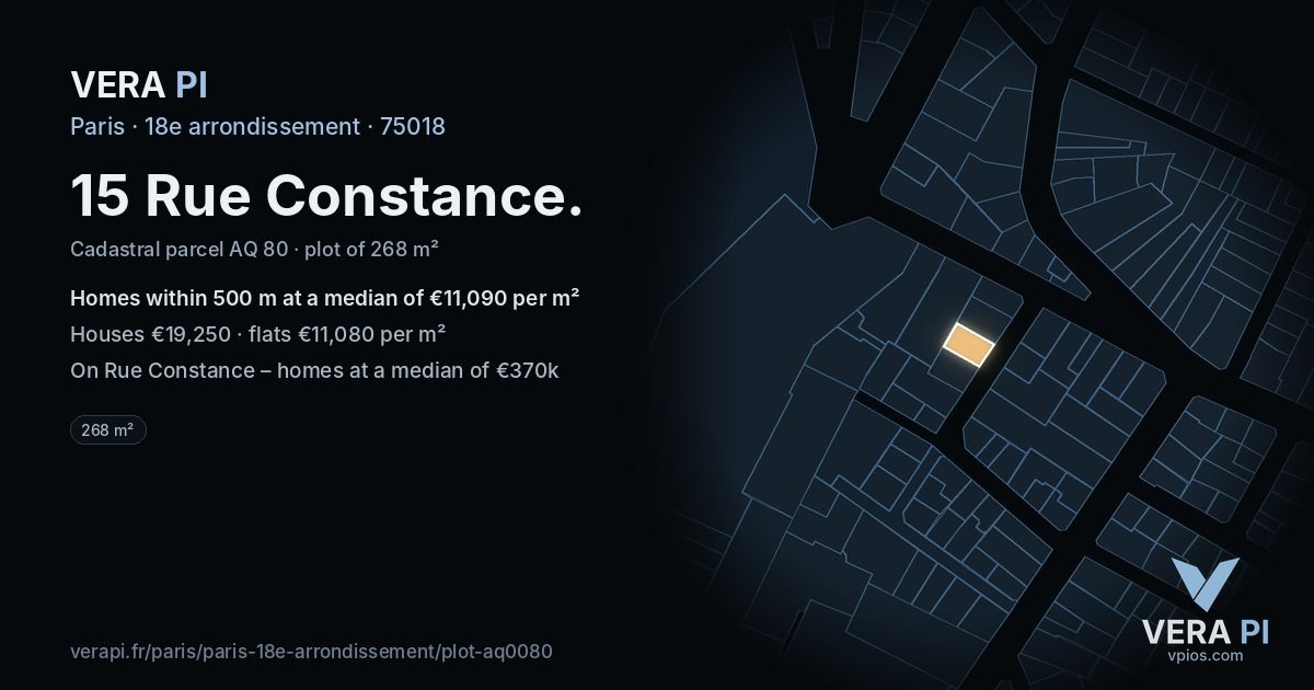 15 Rue Constance, 18e arrondissement at night – the plot lit, the parcels around coloured by the prices near them