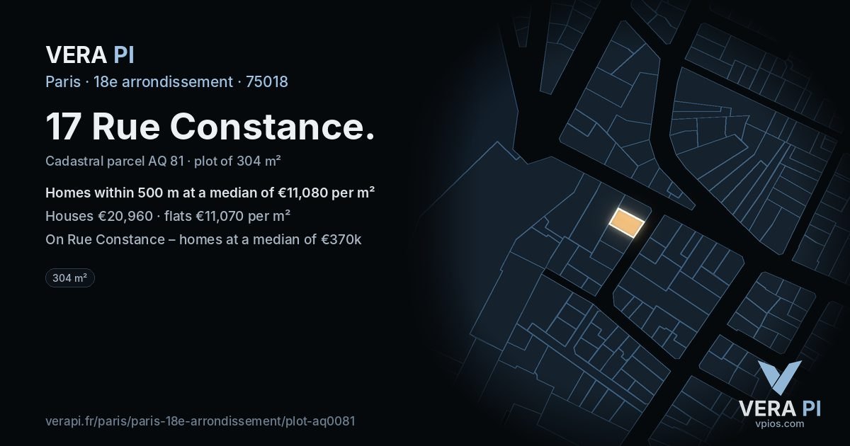 17 Rue Constance, 18e arrondissement at night – the plot lit, the parcels around coloured by the prices near them