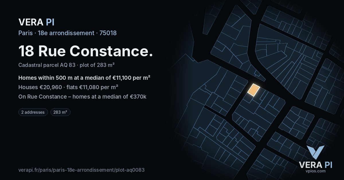 18 Rue Constance, 18e arrondissement at night – the plot lit, the parcels around coloured by the prices near them