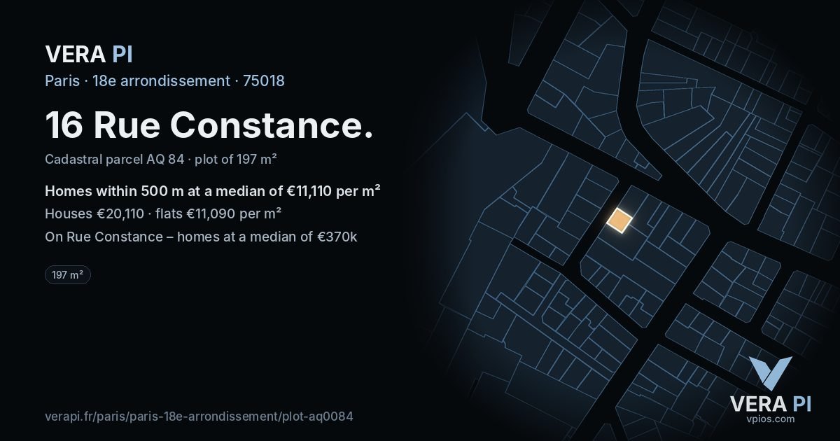 16 Rue Constance, 18e arrondissement at night – the plot lit, the parcels around coloured by the prices near them
