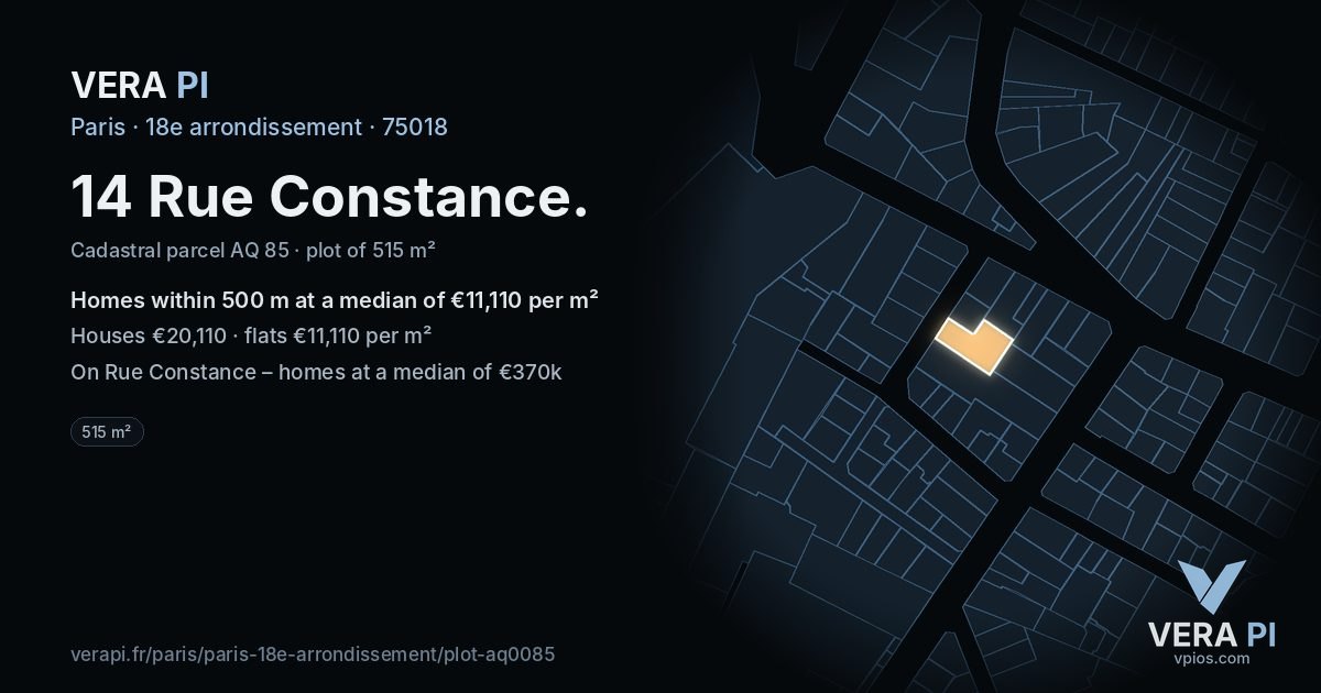 14 Rue Constance, 18e arrondissement at night – the plot lit, the parcels around coloured by the prices near them