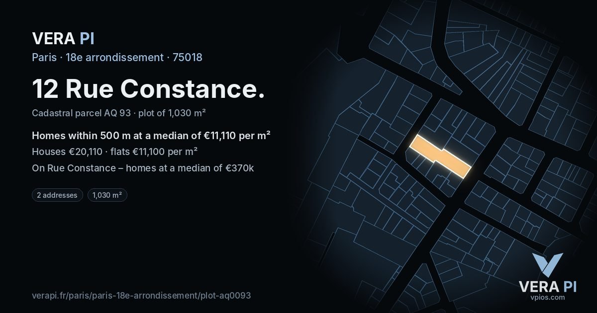 12 Rue Constance, 18e arrondissement at night – the plot lit, the parcels around coloured by the prices near them