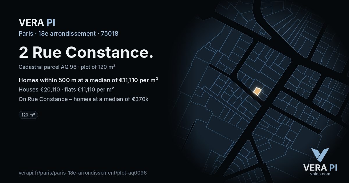 2 Rue Constance, 18e arrondissement at night – the plot lit, the parcels around coloured by the prices near them