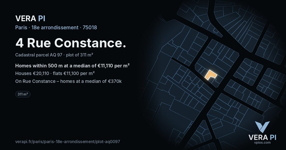 4 Rue Constance, 18e arrondissement at night – the plot lit, the parcels around coloured by the prices near them