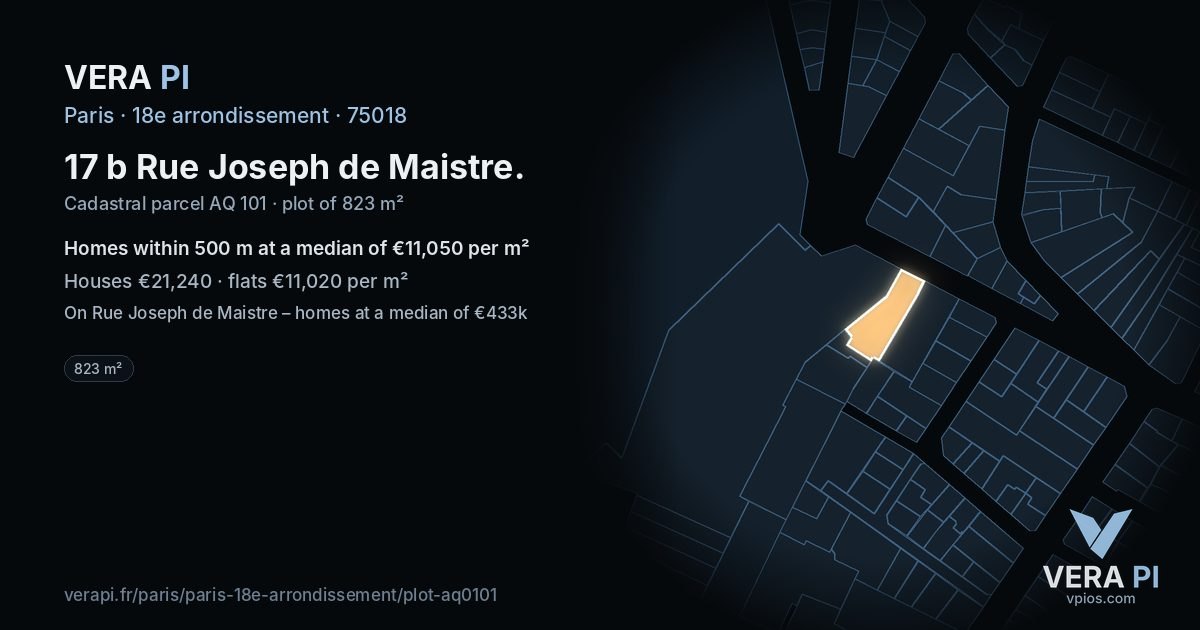 17 b Rue Joseph de Maistre, 18e arrondissement at night – the plot lit, the parcels around coloured by the prices near them