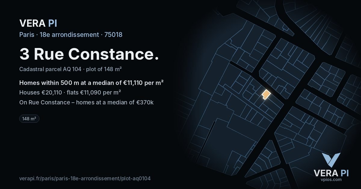 3 Rue Constance, 18e arrondissement at night – the plot lit, the parcels around coloured by the prices near them