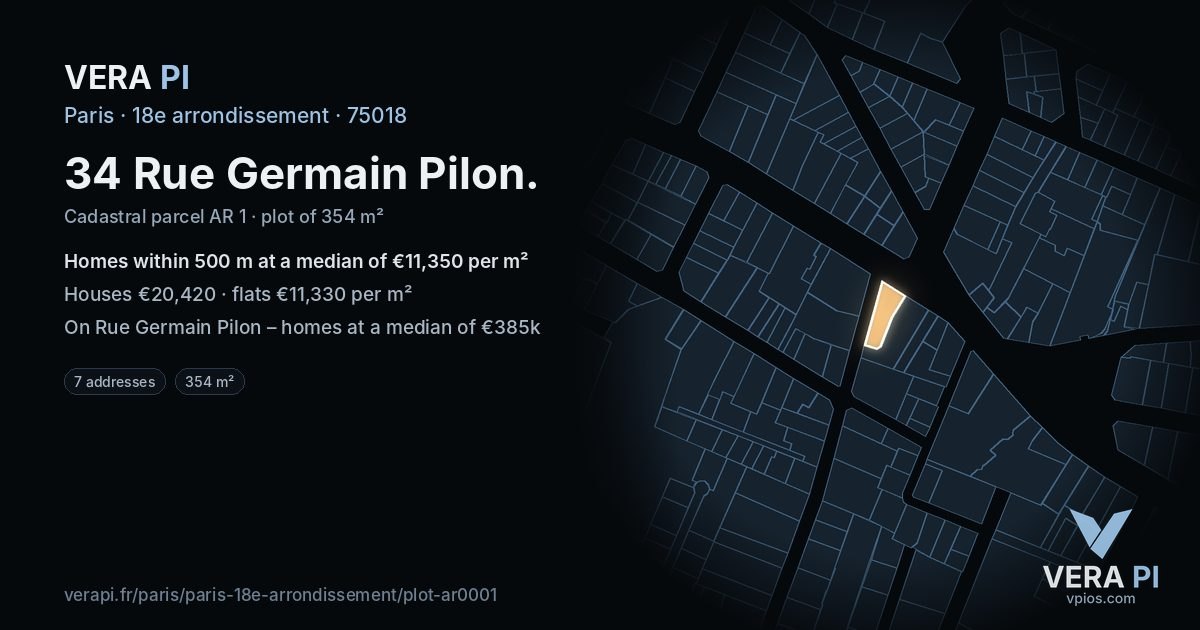 34 Rue Germain Pilon, 18e arrondissement at night – the plot lit, the parcels around coloured by the prices near them