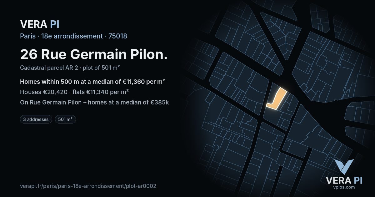 26 Rue Germain Pilon, 18e arrondissement at night – the plot lit, the parcels around coloured by the prices near them