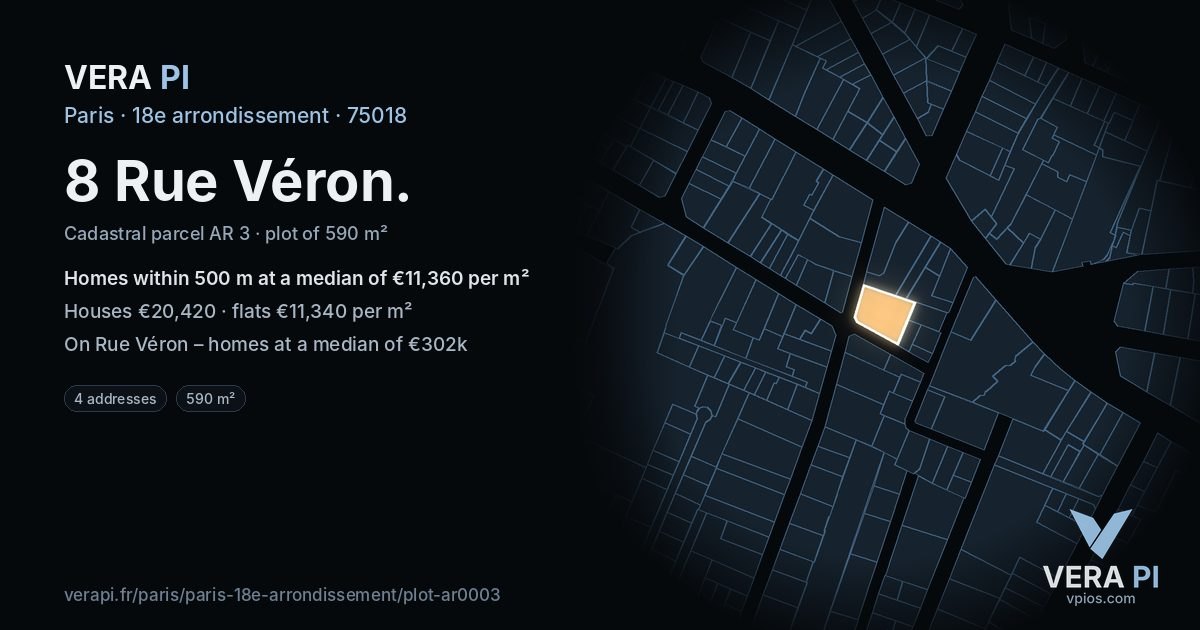 8 Rue Véron, 18e arrondissement at night – the plot lit, the parcels around coloured by the prices near them