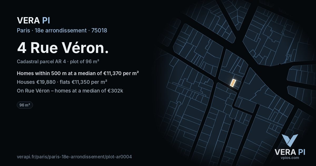 4 Rue Véron, 18e arrondissement at night – the plot lit, the parcels around coloured by the prices near them