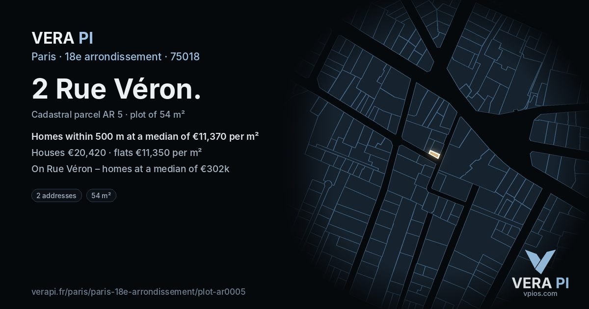 2 Rue Véron, 18e arrondissement at night – the plot lit, the parcels around coloured by the prices near them